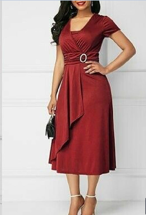 V-neck Women's High Waist Midi Dress